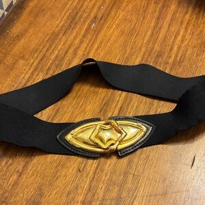 Wide Black Elastic Belt with Gold Buckle 24 inches stretch to 30 70’s/80’s disco